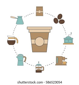 Love coffee concept. Collection coffee icons in thin line style.