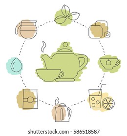 Love coffee concept. Collection tea icons in thin line style.