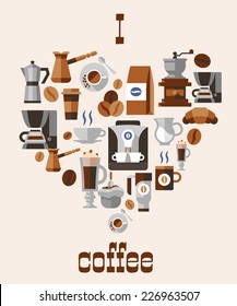 Love coffee concept with grinder hot cup pack cream beans turk french press decorative icons vector illustration