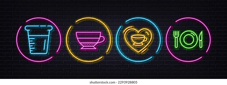 Love coffee, Cooking beaker and Americano minimal line icons. Neon laser 3d lights. Food icons. For web, application, printing. Cappuccino mug, Water, Beverage cup. Restaurant. Vector