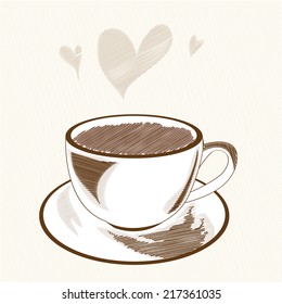 Love coffee. Cup of coffee with fragrant steam in the form of hearts Hand drawn doodle