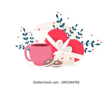 Love coffee cup, macaroon dessert and chocolate sweets card. Love you card. Romantic holiday Valentine Day poster or greeting card. Gift card invitation. Happy valentines day greeting Vector