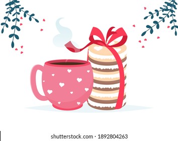 Love coffee cup, macaroon dessert and chocolate sweets card. Love you card. Romantic holiday Valentine Day poster or greeting card. Gift card invitation. Happy valentines day greeting Vector
