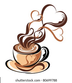 Love coffee. Cup of tea with fragrant steam in the form of hearts