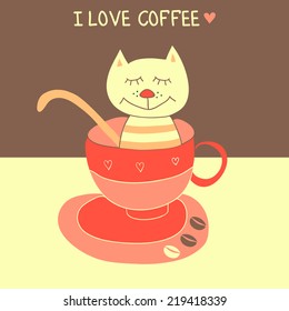 I love coffee. Cute illustration of drawing yellow cat in red cup. Concept greeting card. 