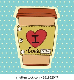 I love coffee cute postcard on polka dot background