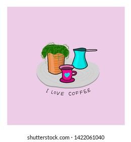 I love coffee flowers Quote cup typography. Hand drawn postcard. Cute simple primitive vector color still life sign. Hot Drink Shop promotion motivation. Lifestyle vector lettering