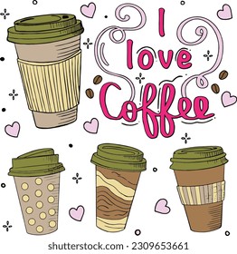 I love coffee font with flower elements. Hand drawn with inspiration word. Doodles art for greeting cards. Coloring for adult and kids. Vector Illustration.