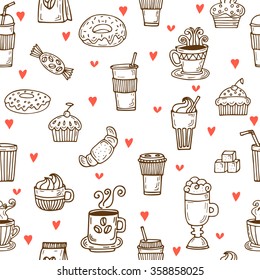 I love coffee. Hand drawn seamless pattern with coffee cups, donuts, hearts, coffee beans, cookies and cupcakes. Vector illustration