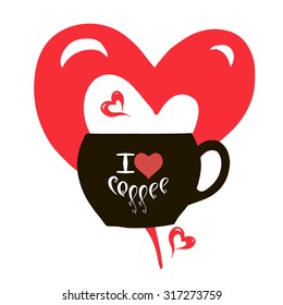 I Love Coffee hand lettering. Coffee mug and red hearts.