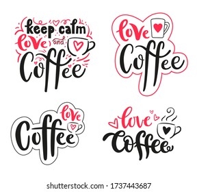 Love Coffee hand-drawn lettering set with cup symbol. Brushpen vector calligraphy with doodle hearts isolated on white background. Modern typography design for logo, poster, card, web, print, banner.