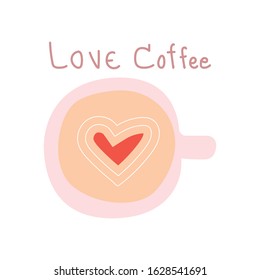 Love coffee hand-drawn text and doodle. Calligraphy font on white background vector illustration, Pink, red. Happy Valentines day concept