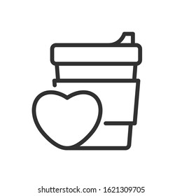 love coffee, heart and a glass, linear icon. Editable stroke