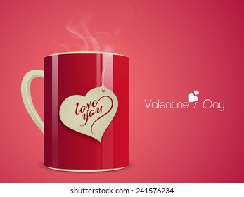 Love with coffee, heart shaped tag in a glossy coffee mug with text Love You on pink background for Happy Valentine's Day celebrations.