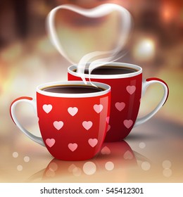 Love and coffee. Heart silhouette from steaming hot coffee cups. Double red cups with hearts pattern for Valentines Day Greetings. Romance concept.