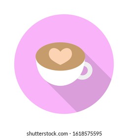 Love coffee  icon. Vector image flat design with long shadow. 
Valentine's day concept. Symbol with love. Vector illustration of holidays. 