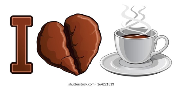 I Love Coffee is an illustration expressing the love of coffee. Includes a cup filled with hot coffee and a heart shaped coffee bean.