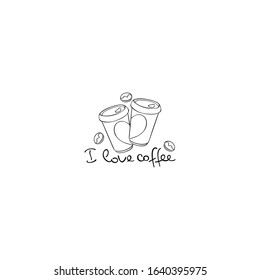 I love coffee. Lettering. Coffee paper cups. Coffee beans. Isolated vector object on a white background.