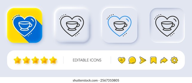 Love coffee line icon. Neumorphic, Flat shadow, 3d buttons. Hot cappuccino cup sign. Heart with mug symbol. Line love coffee icon. Social media icons. Vector