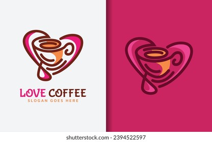 Diseño del logotipo del café de amor. Resumen Forma de amor minimalista combinada con concepto de diseño de tazas de café. Ilustración del logotipo del vector plano.