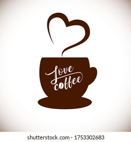 Love coffee logotype concept. Cup of coffee logo with steam over as a heart. Brush calligraphy. Ad idea. Trendy style sign, creative symbol. Isolated abstract graphic design template. T shirt element.