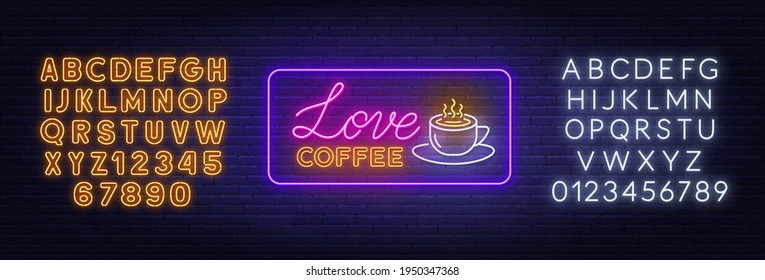 Love coffee neon sign on brick wall background.