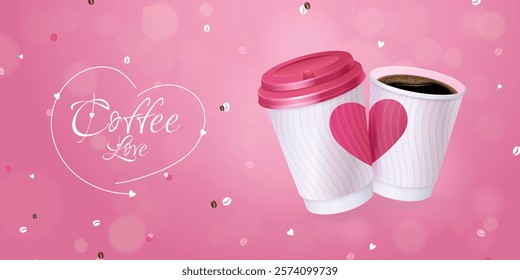 Love coffee paper cup. Espresso latte cups with heart, caffeine hot drink present take away cafe shop discount advertising marketing poster valentine day, exact vector illustration original artwork