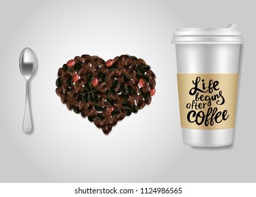 I love coffee quote. Vector illustration of takeaway coffee cup with coffee sayings, spoon and coffee beans heart.