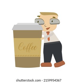 The love for coffee is represented by a cartoon blond man with a takeaway coffee cup. The character of this illustration is an executive in office clothes who is close to grabbing a huge coffee cup.  