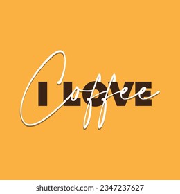 I love coffee script lettering on yellow background. Trendy typography vector illustration for world coffee day.