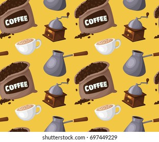 Love coffee seamless pattern. Colorful breakfast background with coffee and sweets. Colorful template for cooking and restaurant menu.
