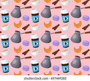 Love coffee seamless pattern. Colorful breakfast background with coffee and sweets. Colorful template for cooking and restaurant menu.