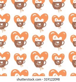 I love coffee. Seamless pattern with mugs and hearts. Template for cafe, restaurant menu.