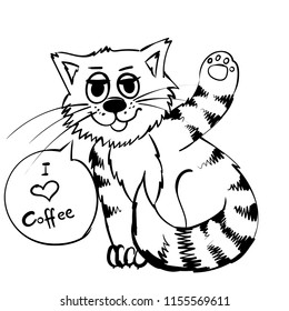 I love coffee stripe cat. Sitting with rised foot kitty. infantile outline sketch cat  for coloring book. Hand drawn cat for print. Doodle  cartoon morning tom cat 