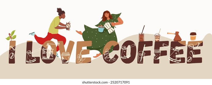  I Love Coffee text. Color lettering with cup, mug, glass jar, drinks, turbo, characters, coffee pot. Coffee label for bar, restaurant, store, flyer, invitation, sticker, banner. 
