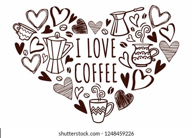 I love coffee text. Vector сoffee mugs and hearts doodle.