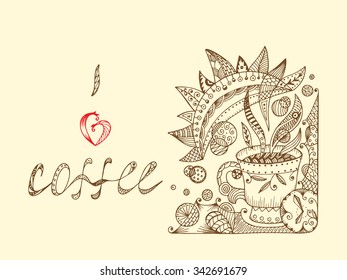 I love coffee. Vector coffee cup with abstract ornaments. Hand drawn illustration