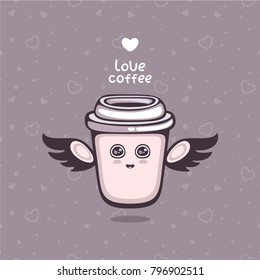 Love Coffee vector illustration. Cute cup with wings. Template for cafe logo. Funny cartoon character.