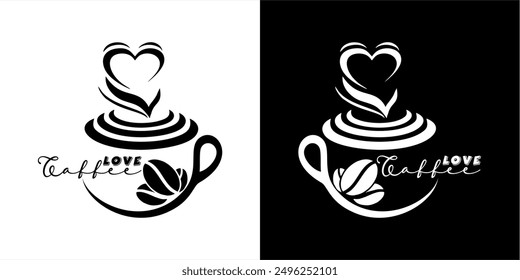 Love Coffee Vector Logo Badge. Beautiful logo coffee shop with love icon. coffee shop icon symbol logo template for coffee shop, cafeteria, bar, restaurant, tea shop.