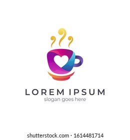 Love coffee vector logo design, drinks cup combined with heart shape colorful logo template suitable for cafe, restaurant and beverage products.