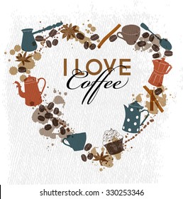 I Love coffee. watercolor vector coffee background
