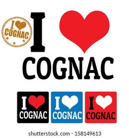 I love Cognac sign and labels on white background, vector illustration