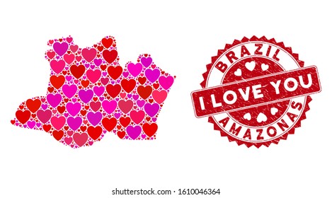 Love collage Amazonas State map and rubber stamp seal with I Love You text. Amazonas State map collage designed with scattered red heart icons. Red rounded I Love You seal stamp with unclean texture.