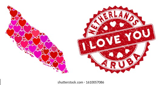 Love collage Aruba Island map and grunge stamp watermark with I Love You words. Aruba Island map collage designed with scattered red heart icons. Red rounded I Love You seal stamp with grunge texture.
