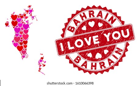 Love collage Bahrain map and corroded stamp seal with I Love You phrase. Bahrain map collage constructed with scattered red heart elements. Red round I Love You seal stamp with unclean texture.