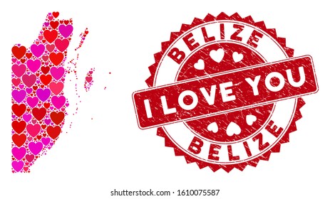 Love collage Belize map and corroded stamp seal with I Love You phrase. Belize map collage constructed with scattered red heart items. Red rounded I Love You seal stamp with grunge texture.