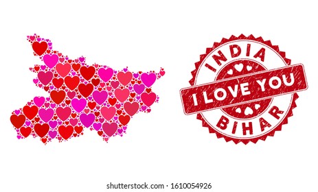 Love collage Bihar State map and grunge stamp watermark with I Love You phrase. Bihar State map collage constructed with random red heart elements. Red round I Love You stamp with grunge texture.