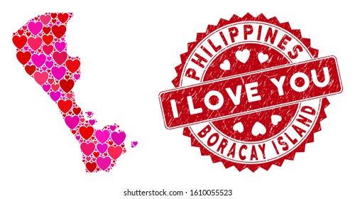 Love collage Boracay Island map and grunge stamp seal with I Love You caption. Boracay Island map collage created with random red heart symbols. Red rounded I Love You stamp with dirty texture.