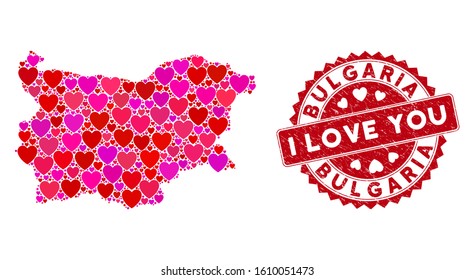 Love collage Bulgaria map and corroded stamp seal with I Love You caption. Bulgaria map collage composed with random red heart symbols. Red round I Love You seal stamp with dirty texture.