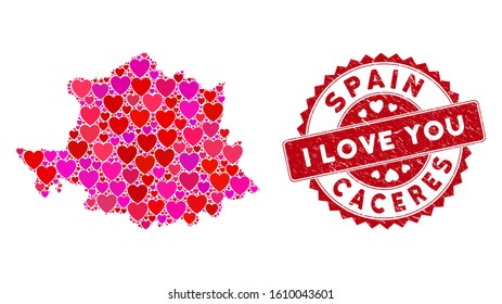 Love collage Caceres Province map and grunge stamp seal with I Love You caption. Caceres Province map collage designed with random red heart elements.